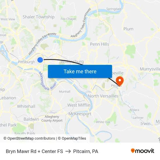 Bryn Mawr Rd + Center FS to Pitcairn, PA map