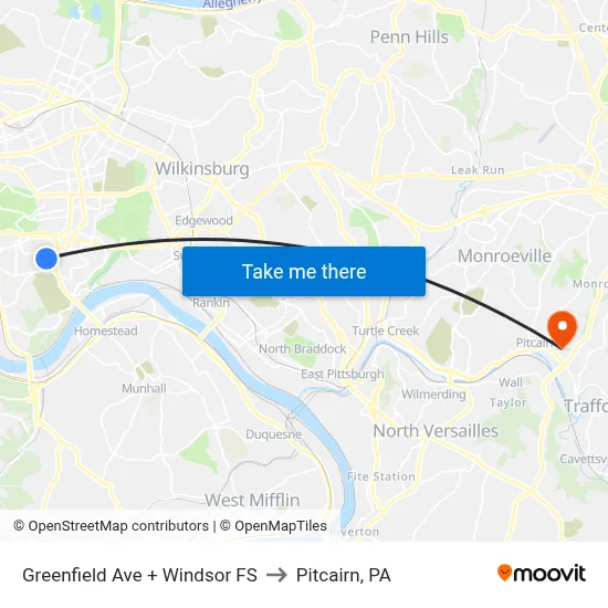 Greenfield Ave + Windsor FS to Pitcairn, PA map