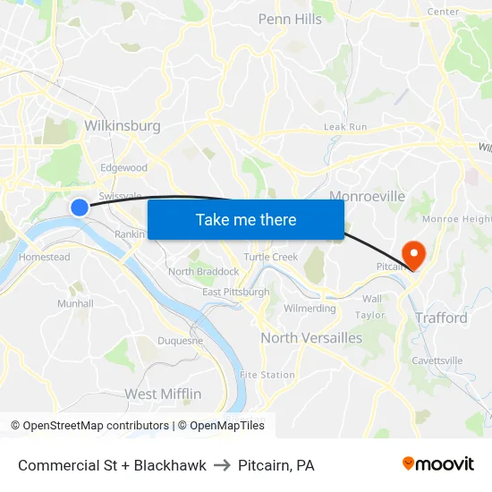 Commercial St + Blackhawk to Pitcairn, PA map