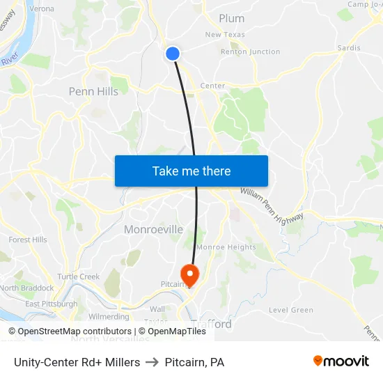Unity-Center Rd+ Millers to Pitcairn, PA map