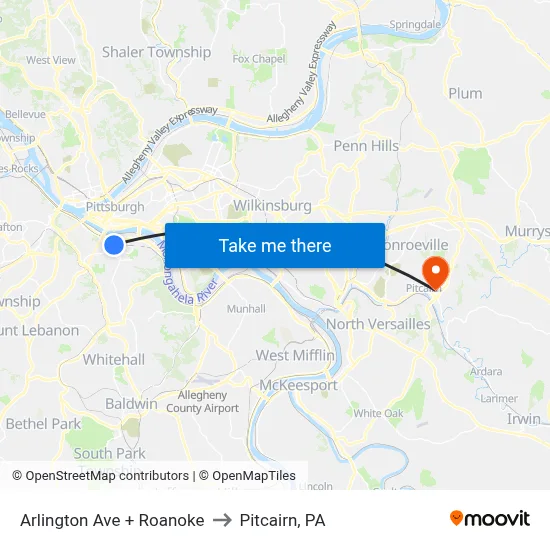 Arlington Ave + Roanoke to Pitcairn, PA map