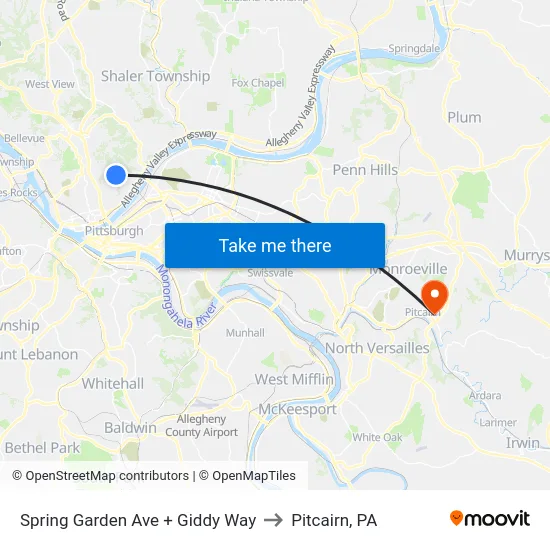 Spring Garden Ave + Giddy Way to Pitcairn, PA map