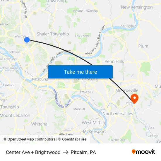 Center Ave + Brightwood to Pitcairn, PA map