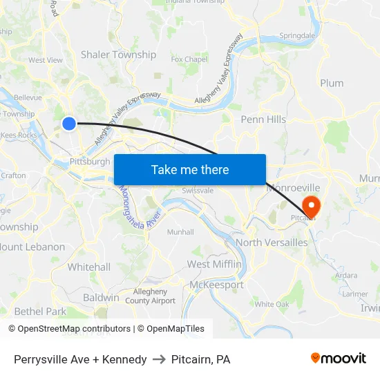 Perrysville Ave + Kennedy to Pitcairn, PA map