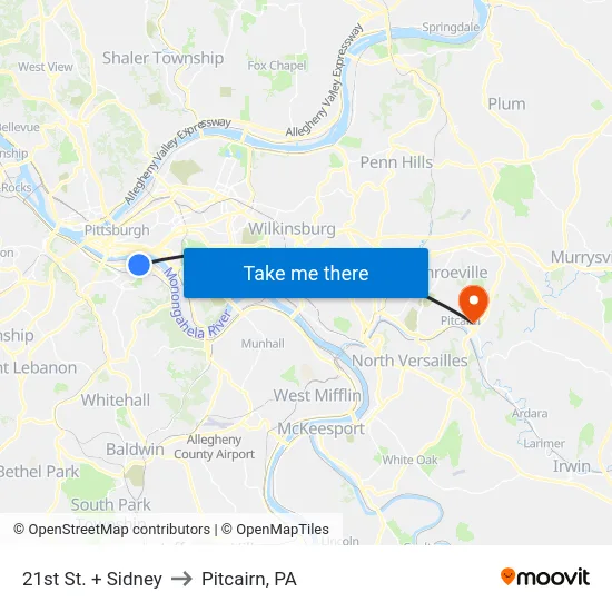 21st St. + Sidney to Pitcairn, PA map