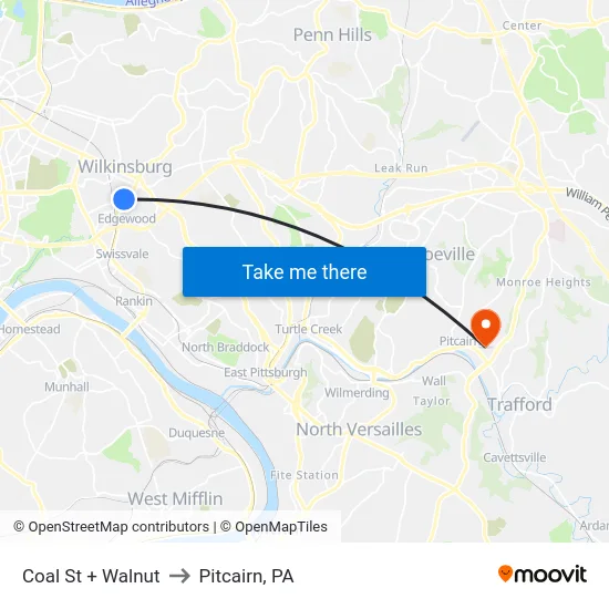 Coal St + Walnut to Pitcairn, PA map