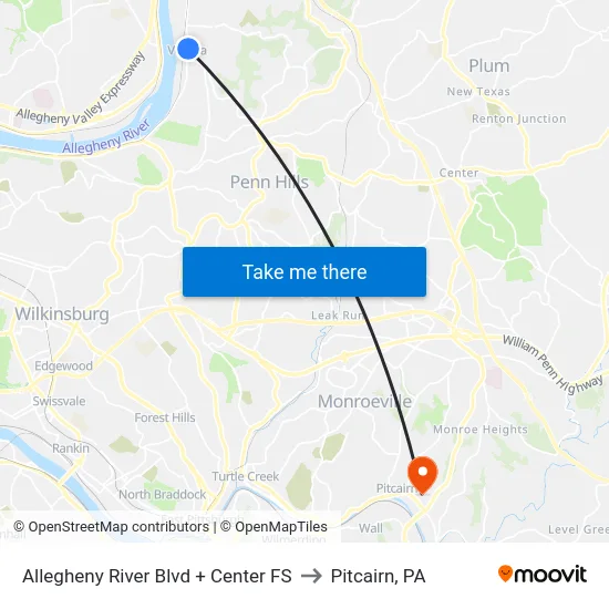 Allegheny River Blvd + Center FS to Pitcairn, PA map