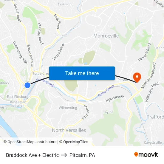 Braddock Ave + Electric to Pitcairn, PA map