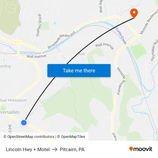 Lincoln Hwy + Motel to Pitcairn, PA map