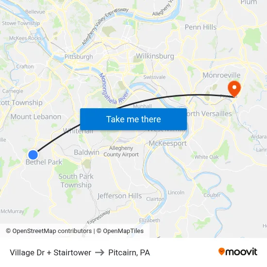 Village Dr + Stairtower to Pitcairn, PA map