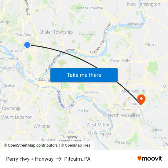 Perry Hwy + Hanway to Pitcairn, PA map