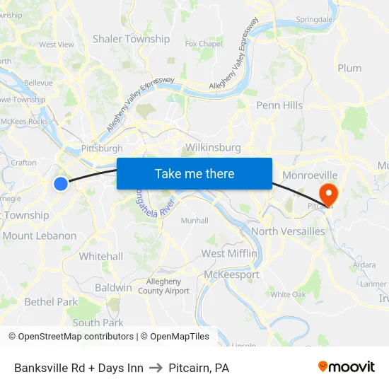 Banksville Rd + Days Inn to Pitcairn, PA map