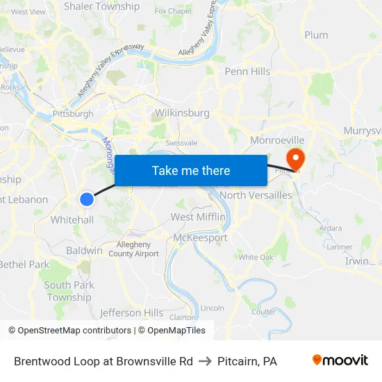 Brentwood Loop at Brownsville Rd to Pitcairn, PA map