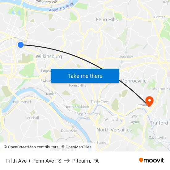 Fifth Ave + Penn Ave FS to Pitcairn, PA map
