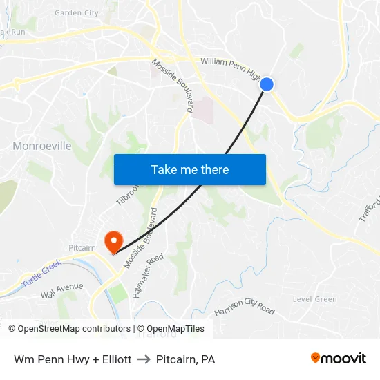 Wm Penn Hwy + Elliott to Pitcairn, PA map