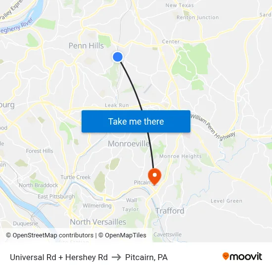 Universal Rd + Hershey Rd to Pitcairn, PA map