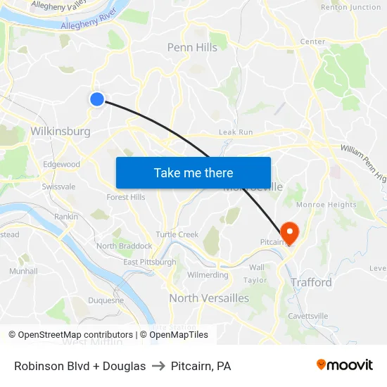 Robinson Blvd + Douglas to Pitcairn, PA map