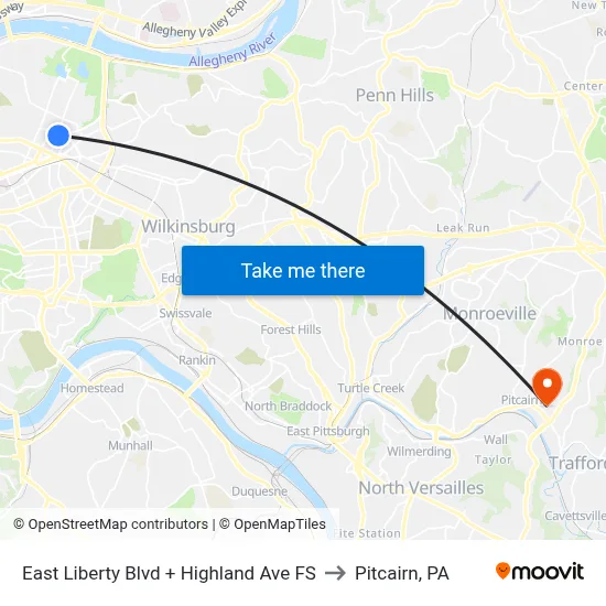 East Liberty Blvd + Highland Ave FS to Pitcairn, PA map