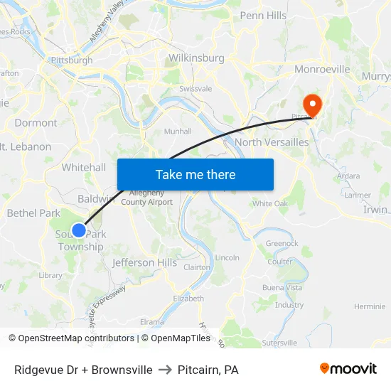 Ridgevue Dr + Brownsville to Pitcairn, PA map