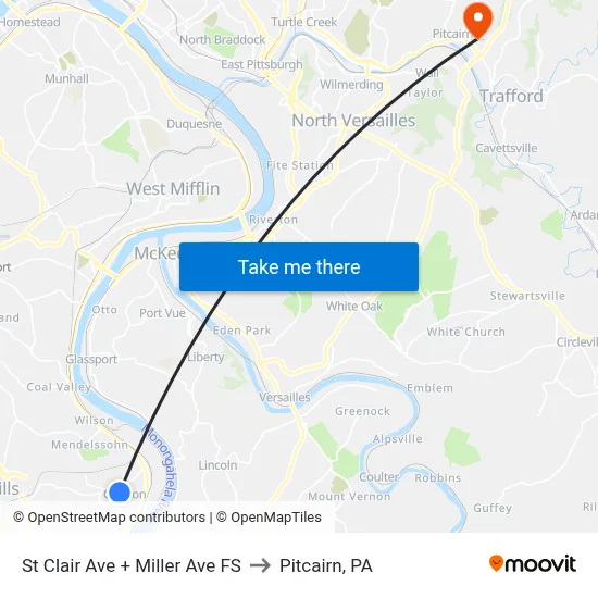 St Clair Ave + Miller Ave FS to Pitcairn, PA map