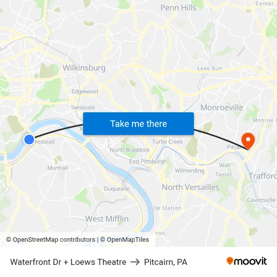 Waterfront Dr + Loews Theatre to Pitcairn, PA map