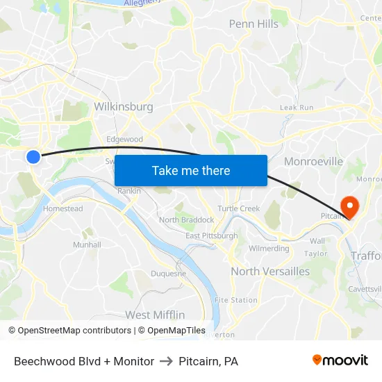 Beechwood Blvd + Monitor to Pitcairn, PA map