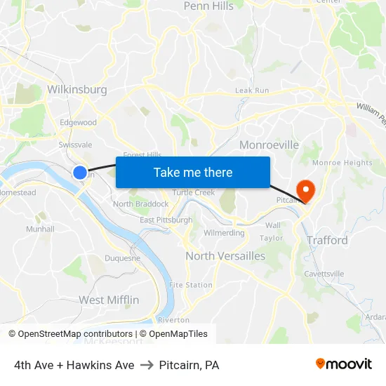4th Ave + Hawkins Ave to Pitcairn, PA map