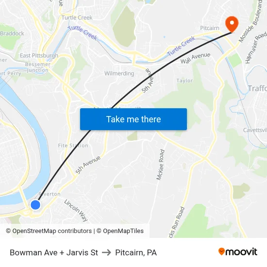 Bowman Ave + Jarvis St to Pitcairn, PA map