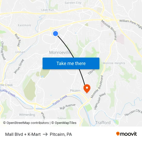 Mall Blvd + K-Mart to Pitcairn, PA map