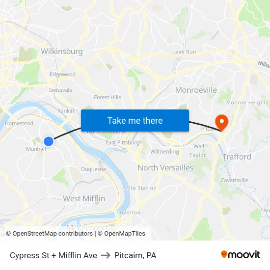 Cypress St + Mifflin Ave to Pitcairn, PA map