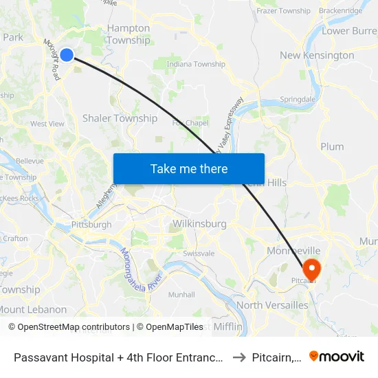 Passavant Hospital + 4th Floor Entrance Bldg T to Pitcairn, PA map