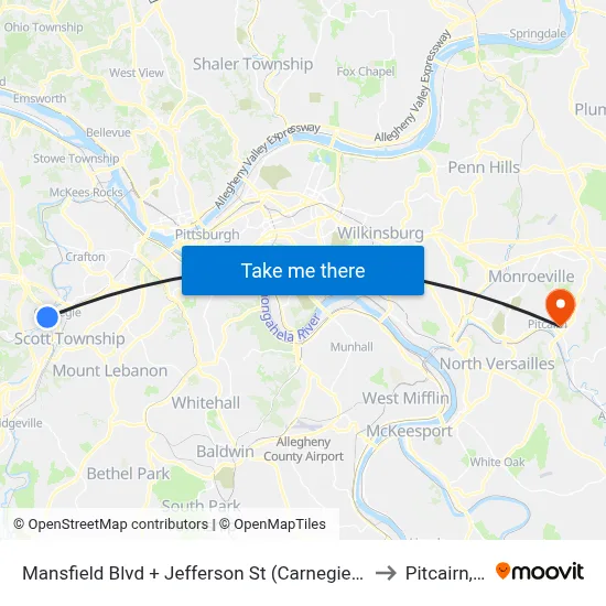 Mansfield Blvd + Jefferson St (Carnegie Station) to Pitcairn, PA map