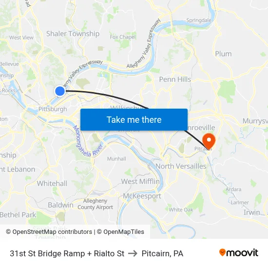 31st St Bridge Ramp + Rialto St to Pitcairn, PA map
