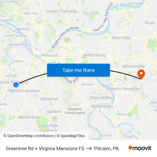 Greentree Rd + Virginia Mansions FS to Pitcairn, PA map