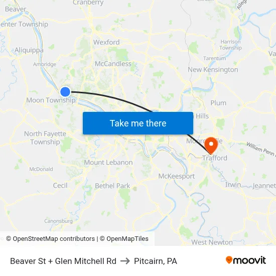 Beaver St + Glen Mitchell Rd to Pitcairn, PA map