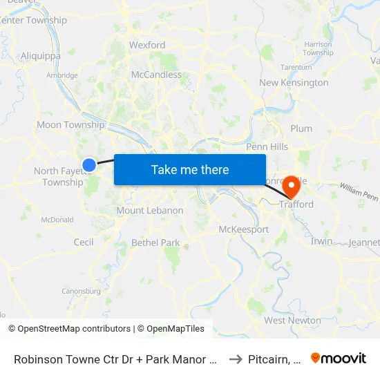 Robinson Towne Ctr Dr + Park Manor Blvd to Pitcairn, PA map