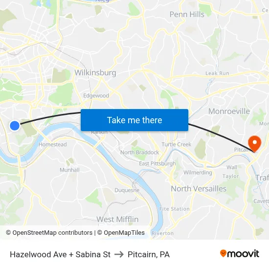 Hazelwood Ave + Sabina St to Pitcairn, PA map