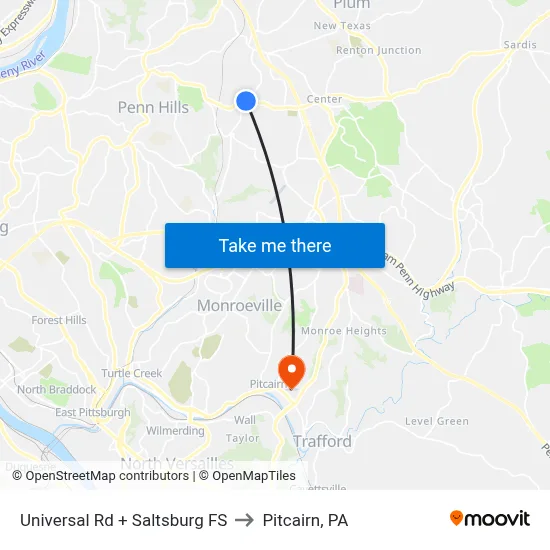 Universal Rd + Saltsburg FS to Pitcairn, PA map