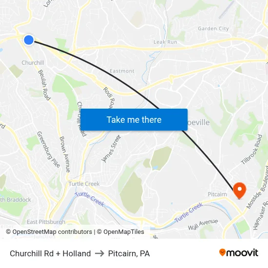 Churchill Rd + Holland to Pitcairn, PA map