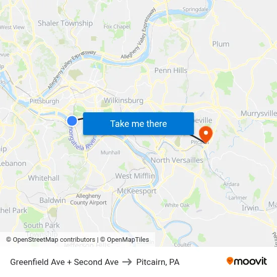 Greenfield Ave + Second Ave to Pitcairn, PA map