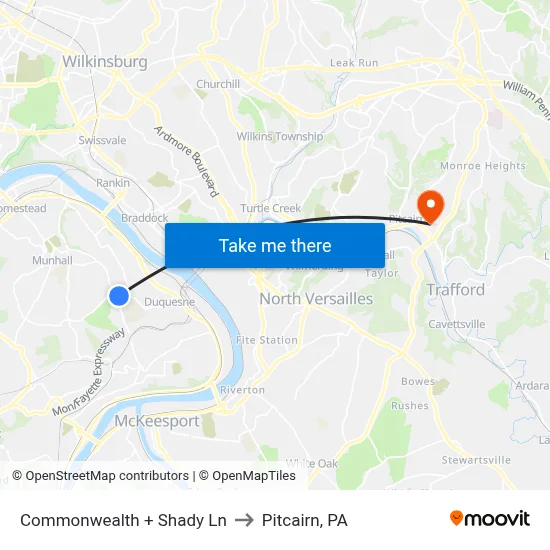Commonwealth + Shady Ln to Pitcairn, PA map
