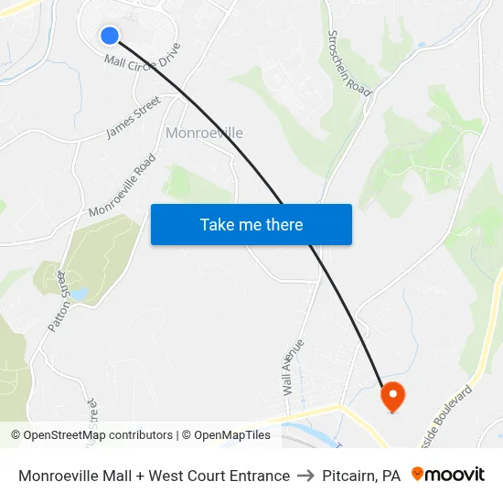 Monroeville Mall + West Court Entrance to Pitcairn, PA map