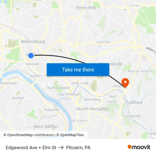 Edgewood Ave + Elm St to Pitcairn, PA map