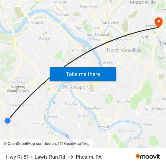 Hwy Rt 51 + Lewis Run Rd to Pitcairn, PA map
