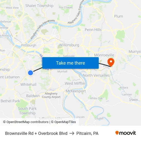Brownsville Rd + Overbrook Blvd to Pitcairn, PA map