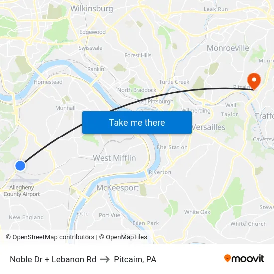 Noble Dr + Lebanon Rd to Pitcairn, PA map