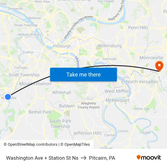 Washington Ave + Station St Ns to Pitcairn, PA map