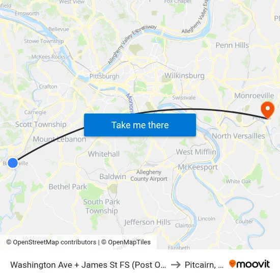 Washington Ave + James St FS (Post Office) to Pitcairn, PA map