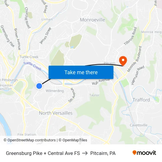 Greensburg Pike + Central Ave FS to Pitcairn, PA map