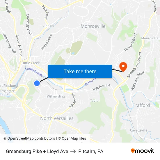 Greensburg Pike + Lloyd Ave to Pitcairn, PA map